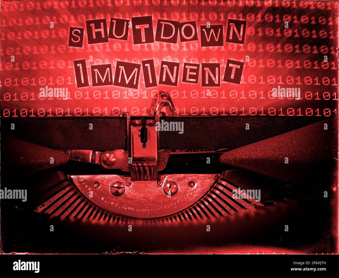 Shutdown Imminent, Mechanical Typewriter, Binary code background, Red tone, Vintage distorted look, Ransom note typography Stock Photo