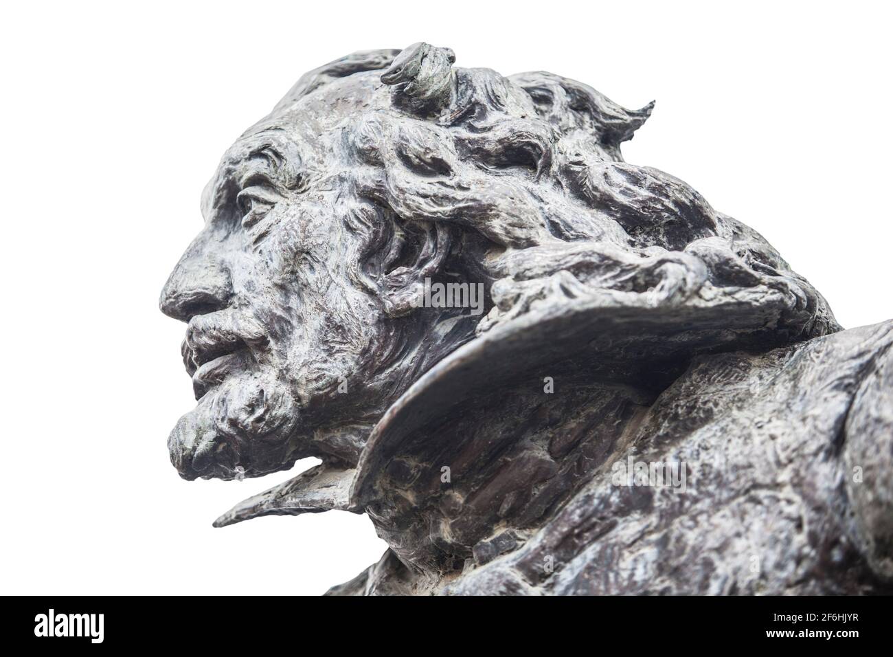 Francisco de Zurbaran bronze sculpture set at Llerena Plaza of Spain. Sculpted Martin Chaparro in 1998. Isolated Stock Photo