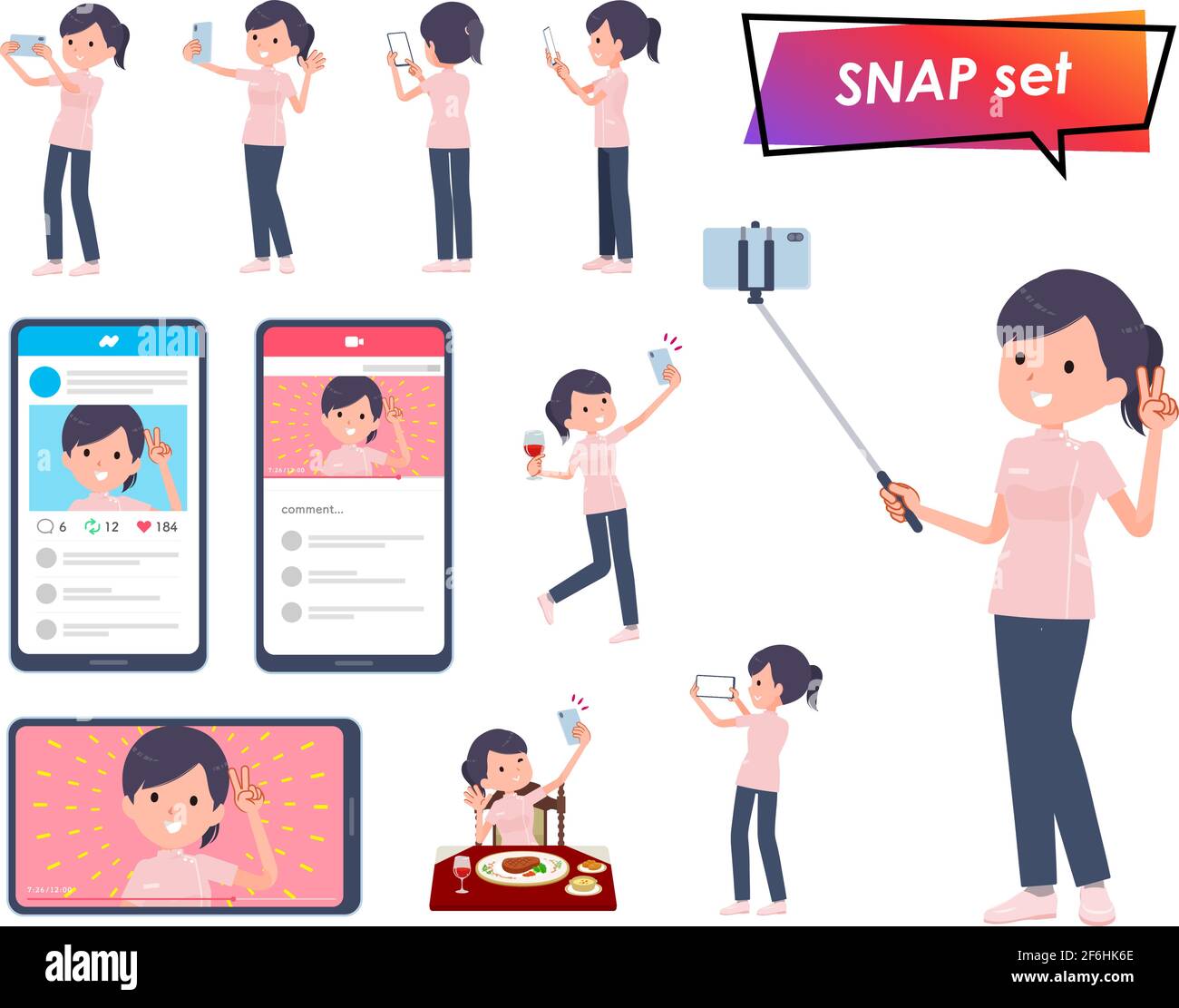 A set of Medical staff women shooting with a smartphone.It's vector art so easy to edit. Stock Vector