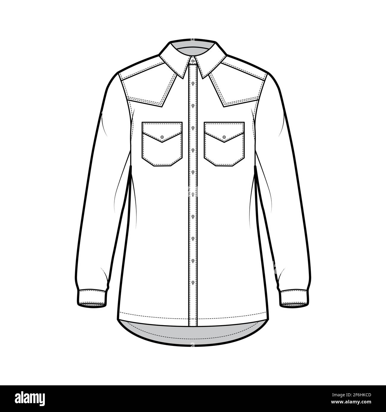 Denim shirt jacket technical fashion illustration with oversized body, flap pockets, button closure, classic collar, long sleeves. Flat apparel front, white color style. Women, men unisex CAD mockup Stock Vector