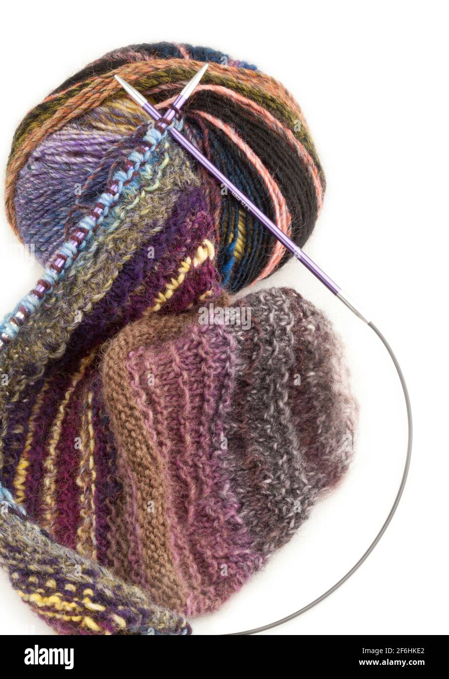 Knitting using  circular needles and yarn Stock Photo