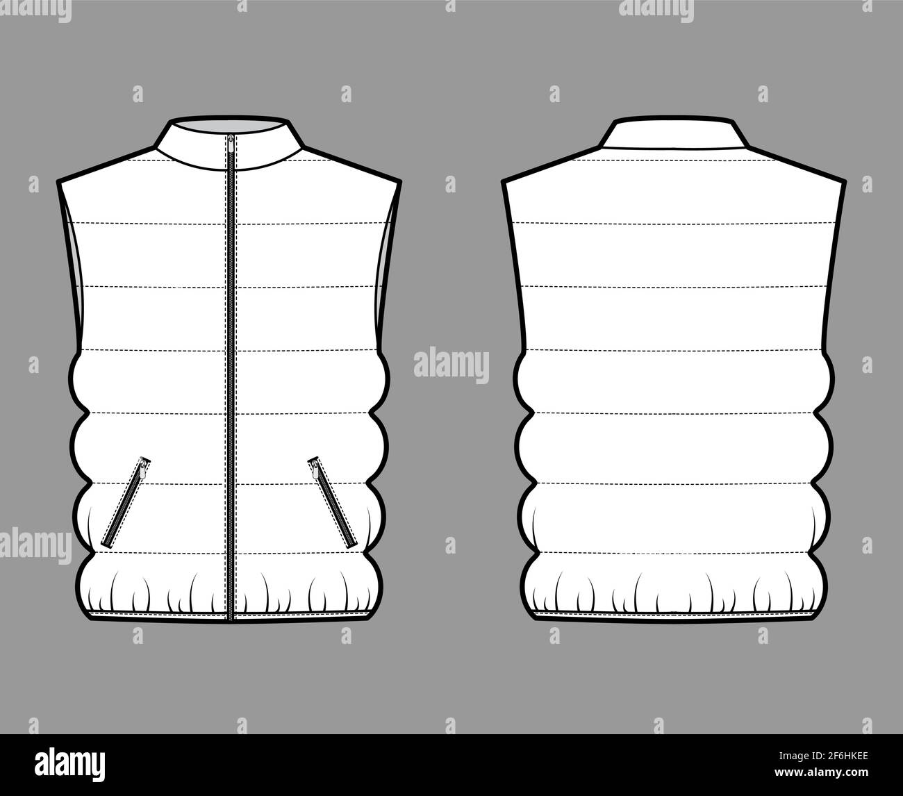 Down vest puffer waistcoat technical fashion illustration with sleeveless, stand collar, zip-up closure, pockets, oversized. Flat template front, back, white color style. Women, unisex top CAD mockup Stock Vector