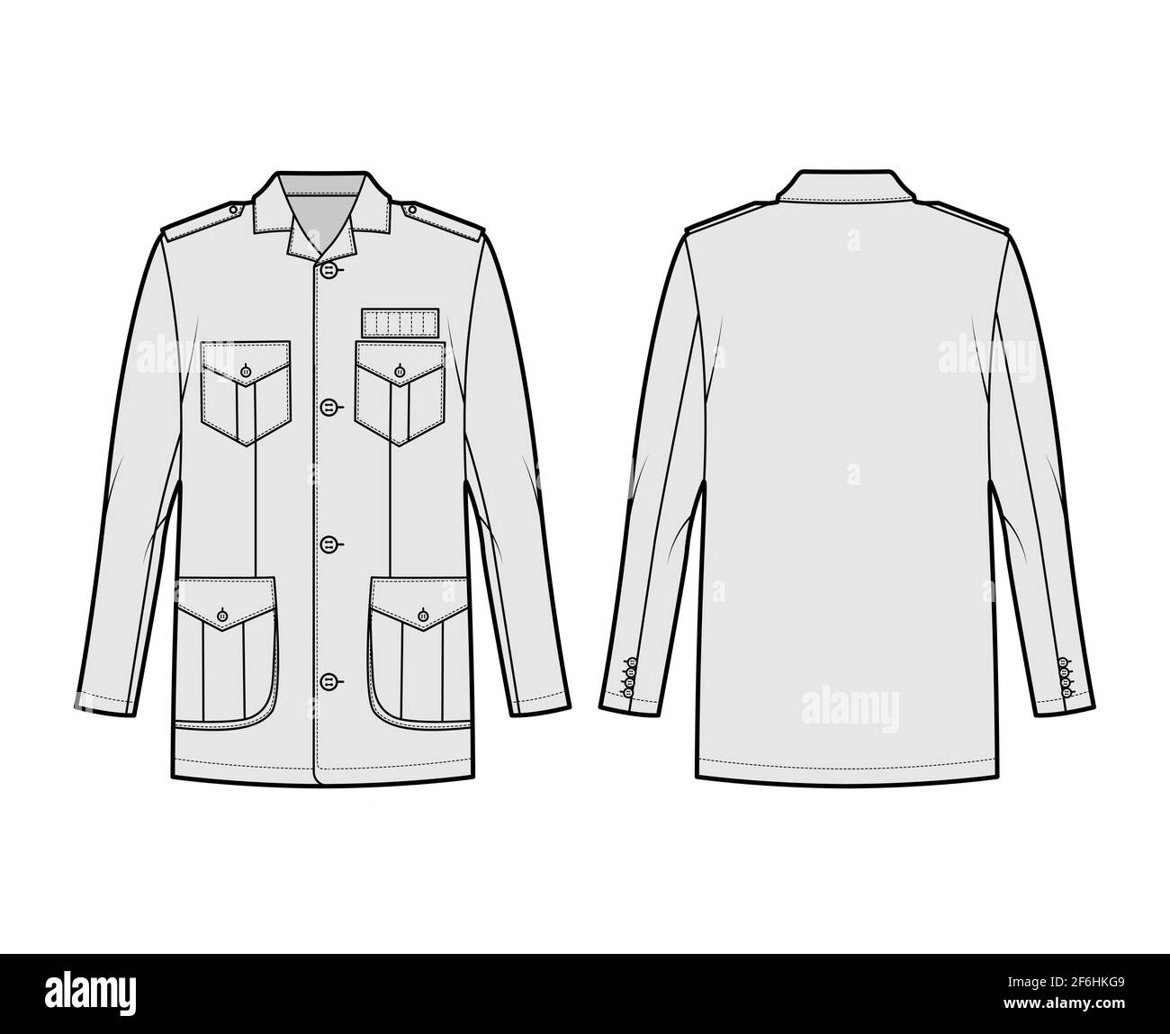 Safari jacket technical fashion illustration with oversized, long sleeve, flap pockets, button fastening, epaulettes. Flat coat template front, back, grey color style. Women men unisex top CAD mockup Stock Vector