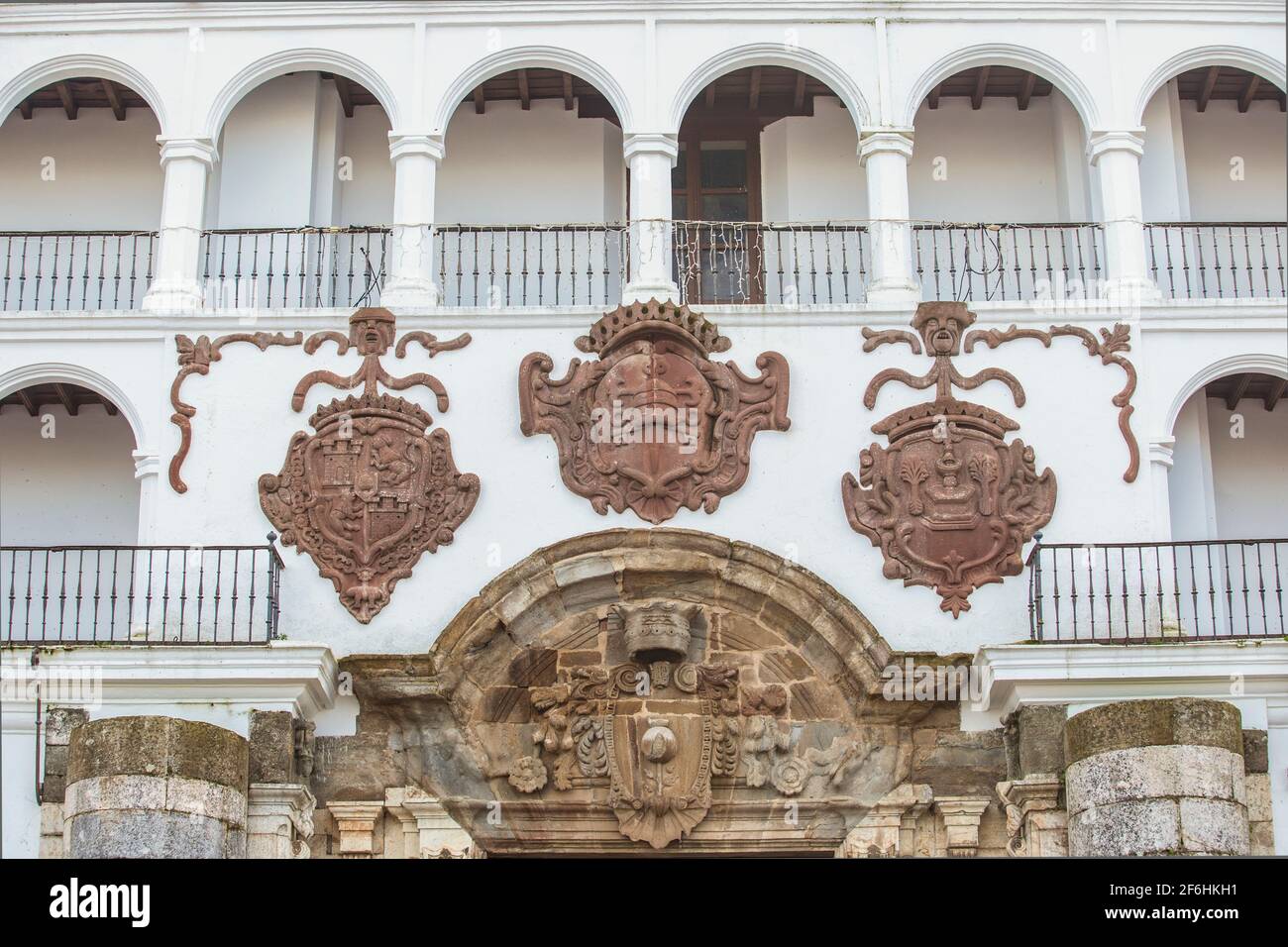 Plaza of Spain in Llerena. Portal of Casinet, Extremadura, Spain Stock Photo