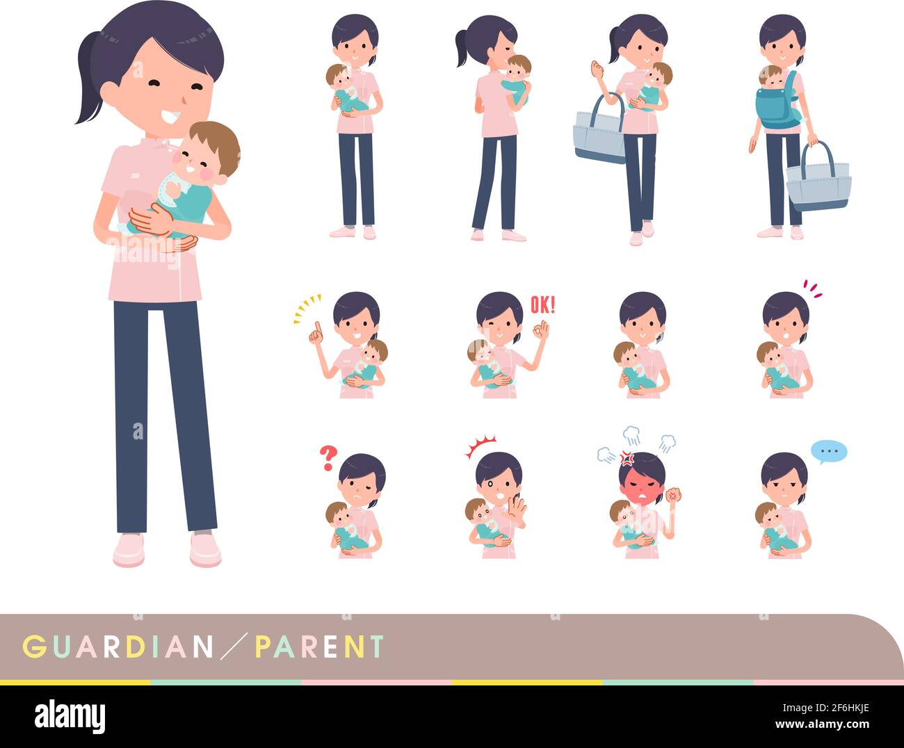 A set of Medical staff women who are guardian of baby.It's vector art so easy to edit. Stock Vector