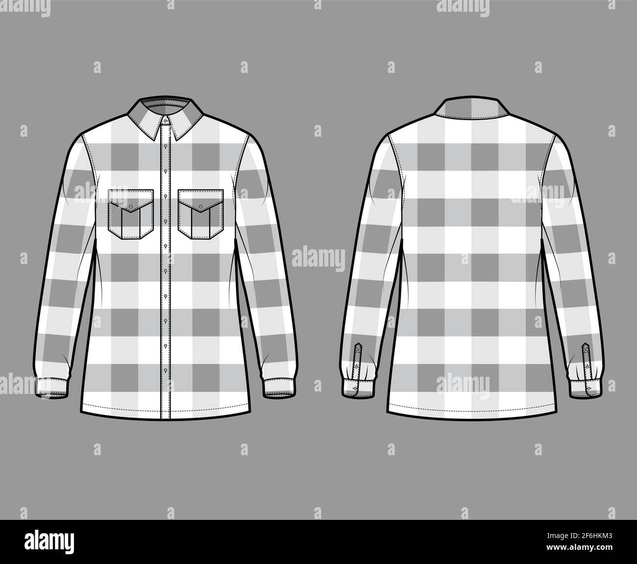Lumber jacket technical fashion illustration with Buffalo Check motif, oversized body, flap pockets, button closure, long sleeves. Flat apparel front, back, white color style. Women, men CAD mockup Stock Vector