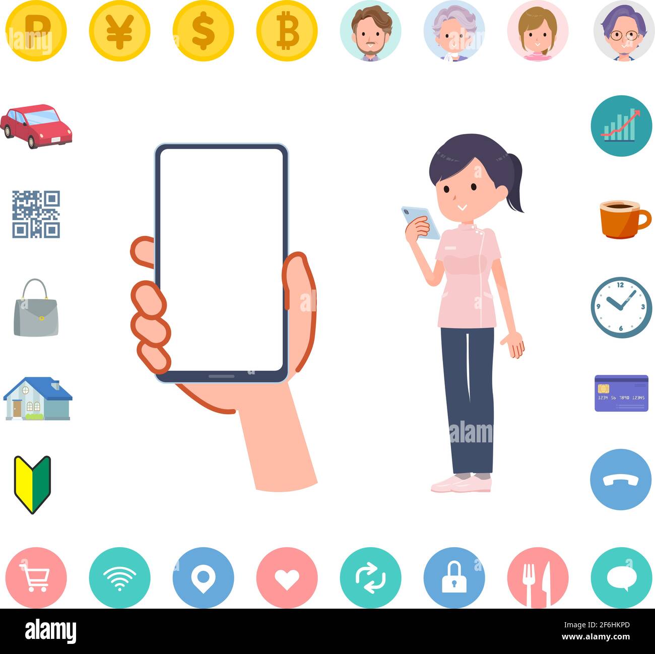 A set of Medical staff women looking at a smartphone screen.It's vector art so easy to edit.The inside of the screen is transparent, so it is easy to Stock Vector