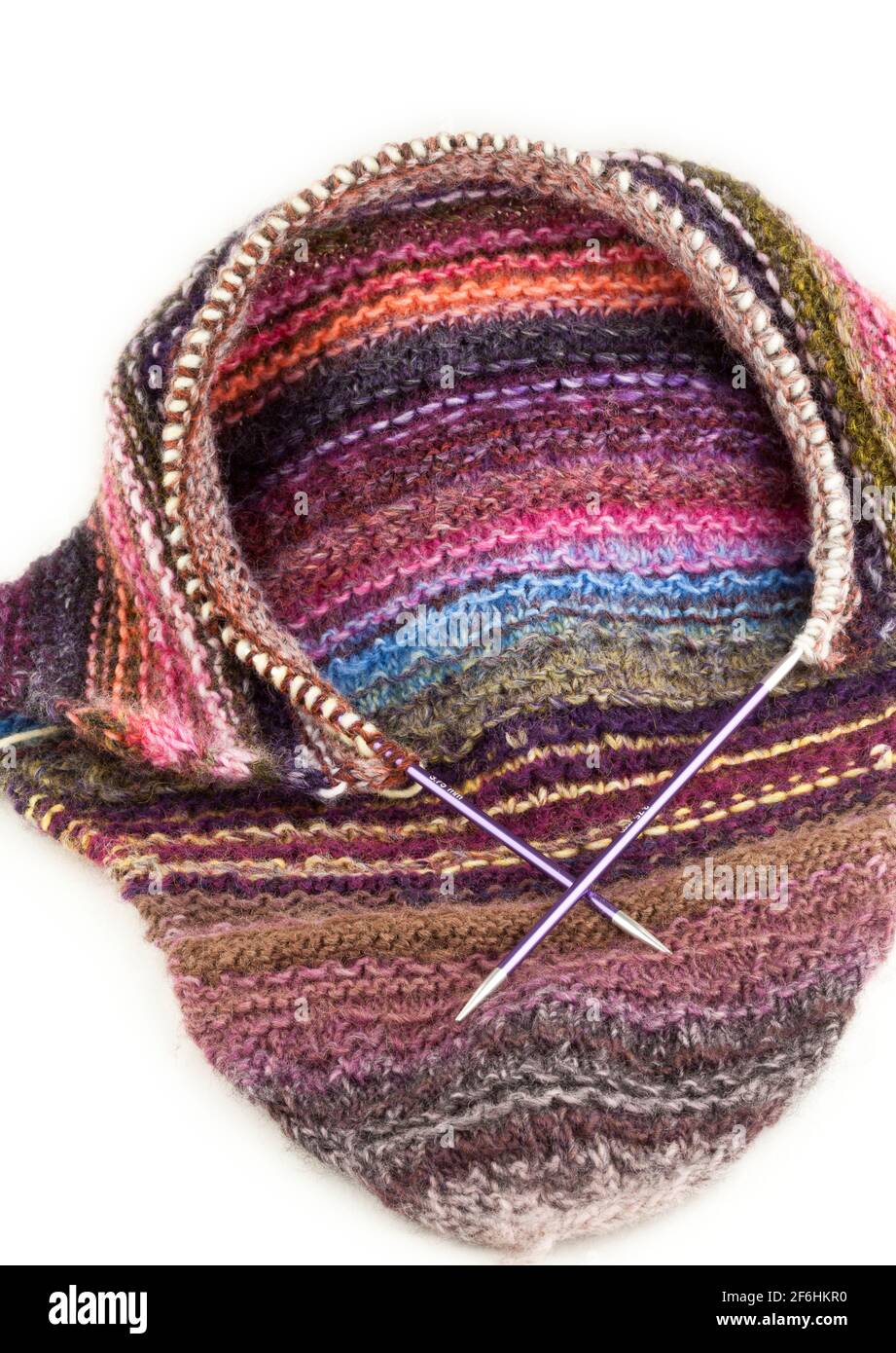 Knitting using  circular needles and yarn Stock Photo