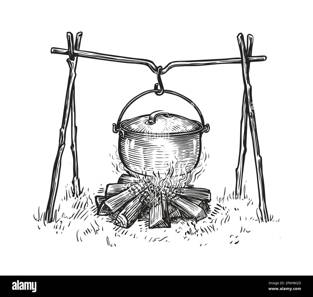 Pot on campfire sketch. Cooking in a cauldron on flame. Hand drawn vector illustration Stock Vector