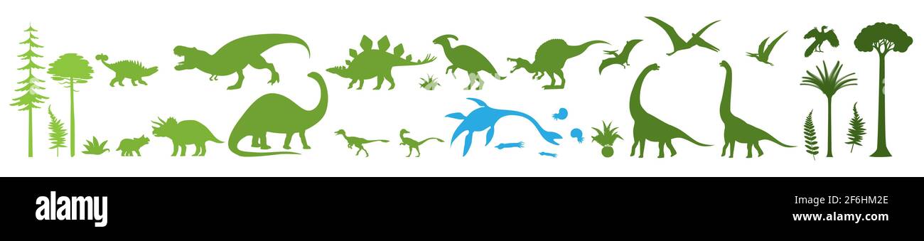 Green dino silhouettes, vector illustration isolated on white background. Dinosaur, jurassic wild animals. Stock Vector