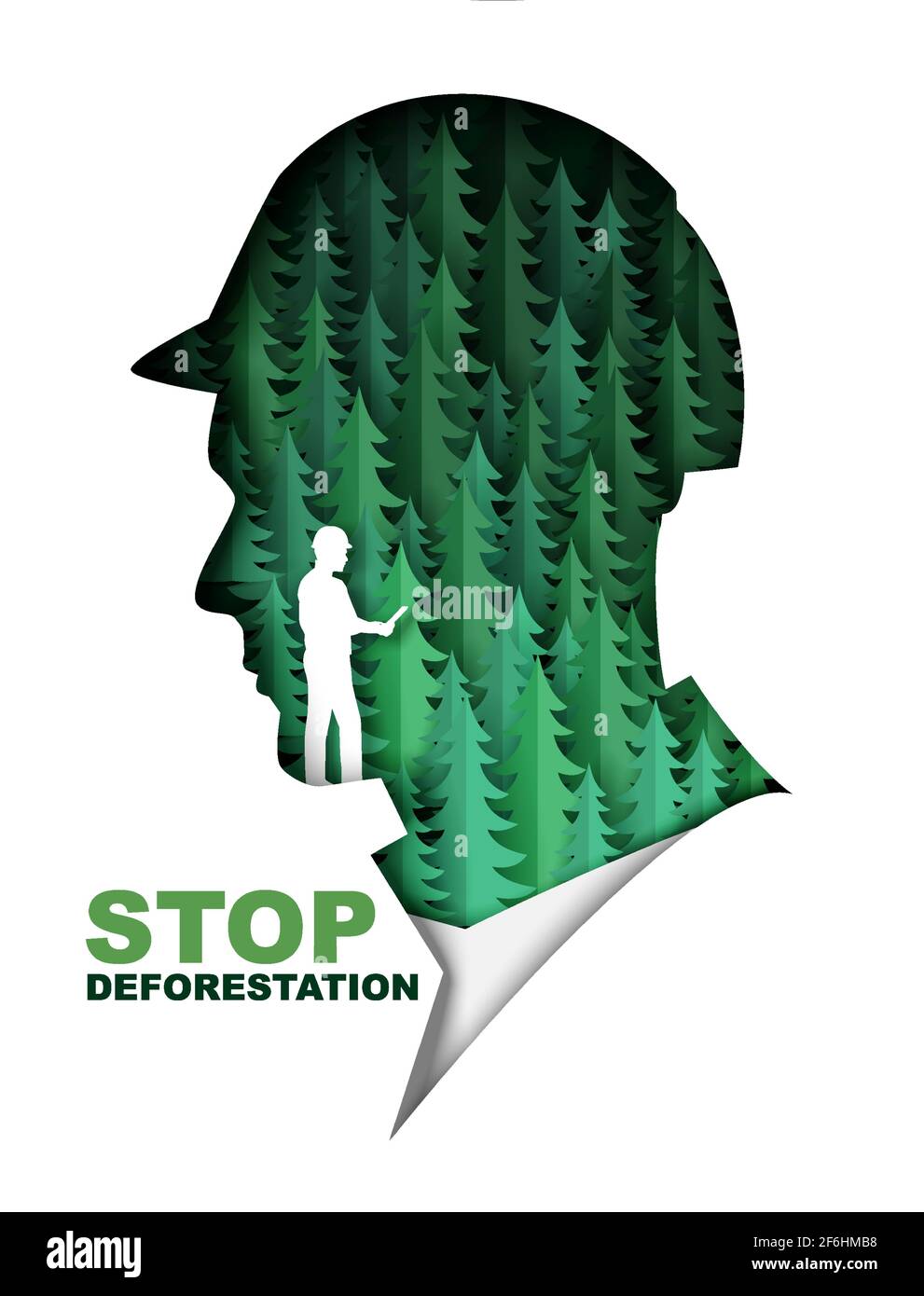 Stop deforestation poster banner template. Paper cut green fir trees inside of man head vector illustration. Save forest Stock Vector