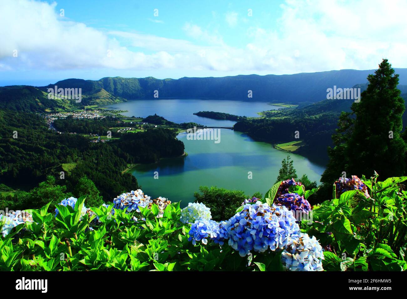 Green and blue double sea (Sete Cidades) on Azores, Portugal Stock Photo