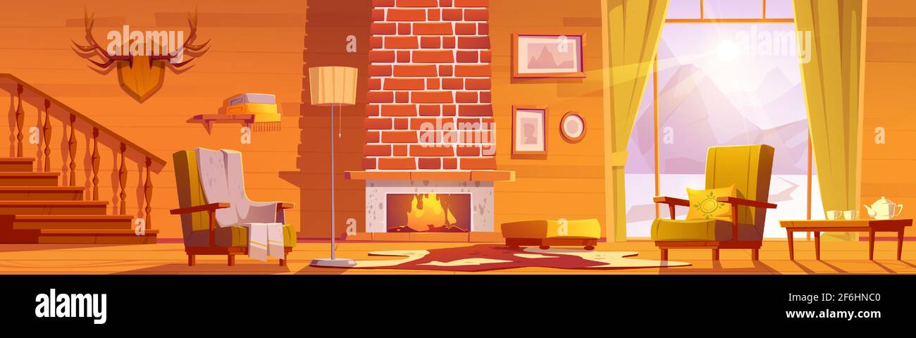 Chalet house interior with fireplace and mountains behind window. Vector cartoon illustration of traditional lodge, mountain cottage living room with chairs and horns on wall Stock Vector Image & Art - Alamy Chalet house interior with fireplace and mountains behind window. Vector cartoon illustration of traditional lodge, mountain cottage living room with chairs and horns on wall Stock Vector Image & Art - Alamy