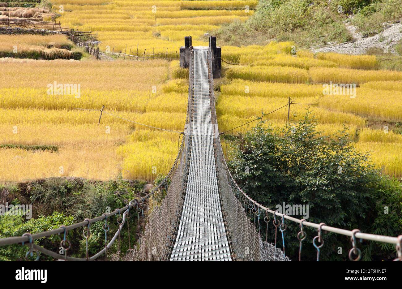 rope hanging suspension bridge in Nepal Stock Photo