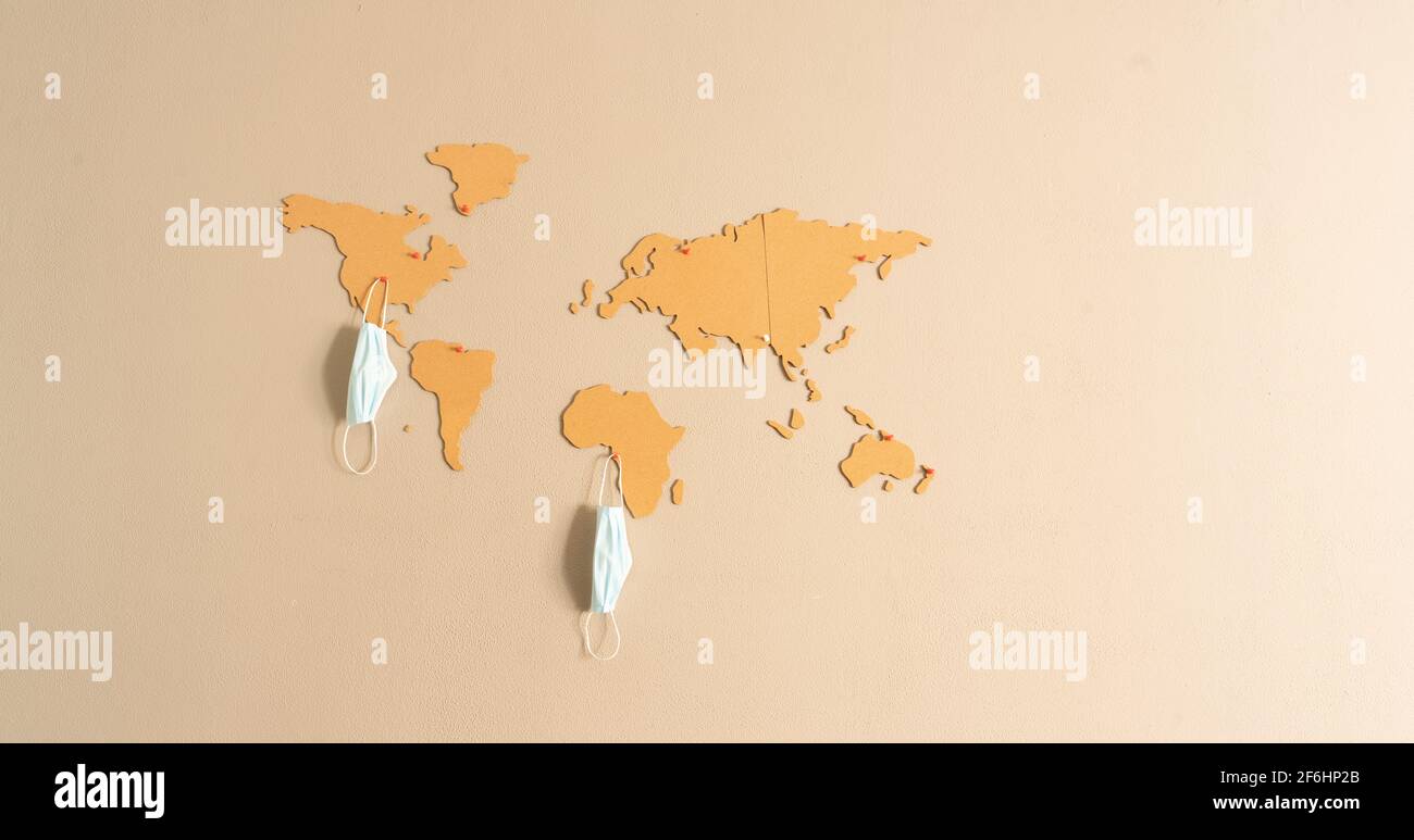 horizontal image of world map made of cork pasted on the wall of the living room Stock Photo
