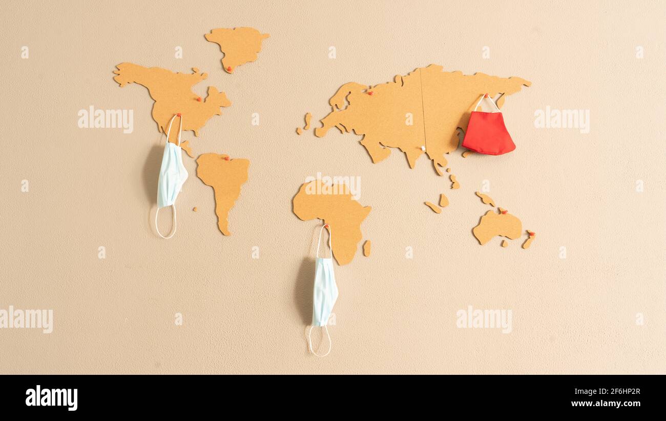 horizontal image of world map made of cork pasted on the wall of the living room Stock Photo