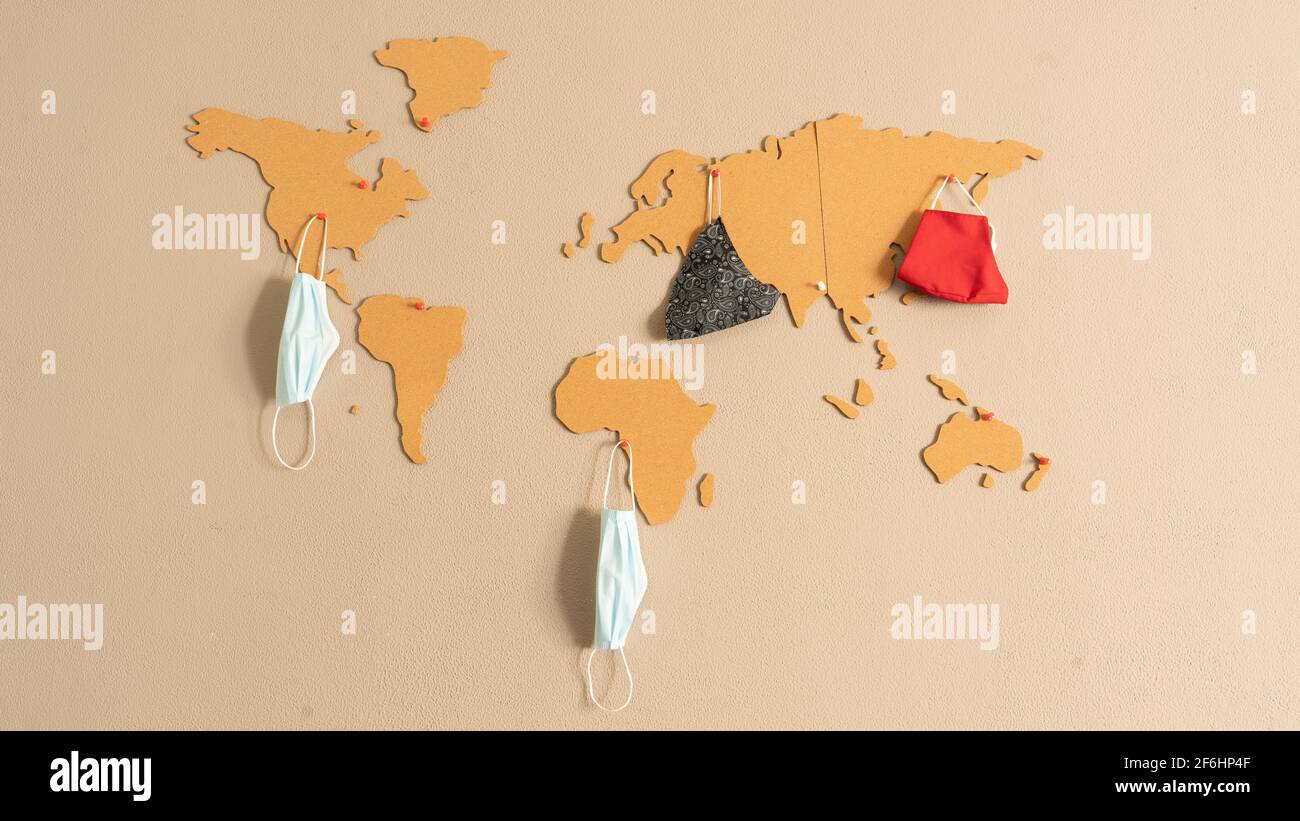 horizontal image of world map made of cork pasted on the wall of the living room Stock Photo