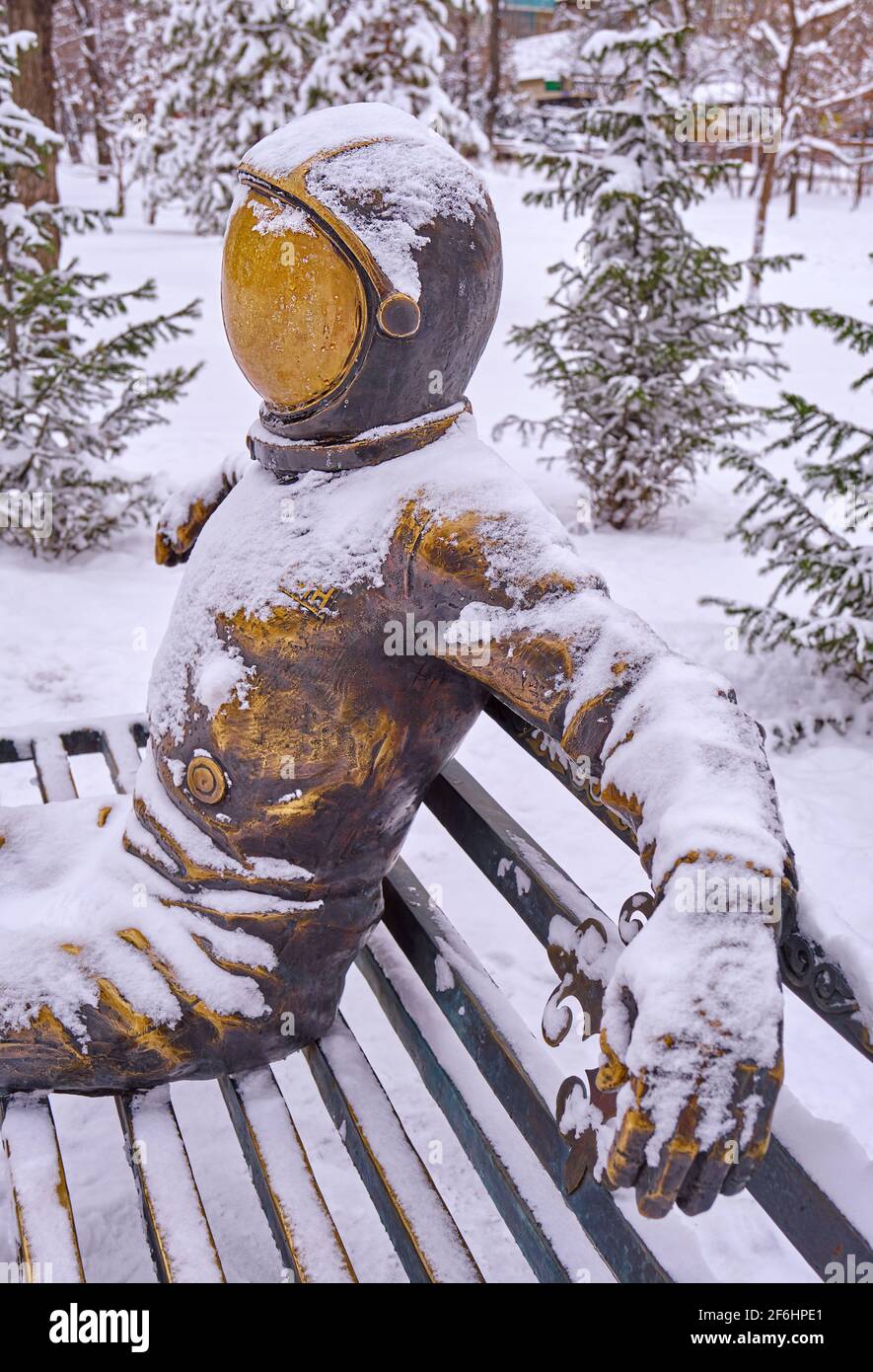 Almaty, Kazakhstan - February 25, 2021: monument in memory of Yuri Gagarin, the first man who had been in space in 1961, located on the street of the Stock Photo