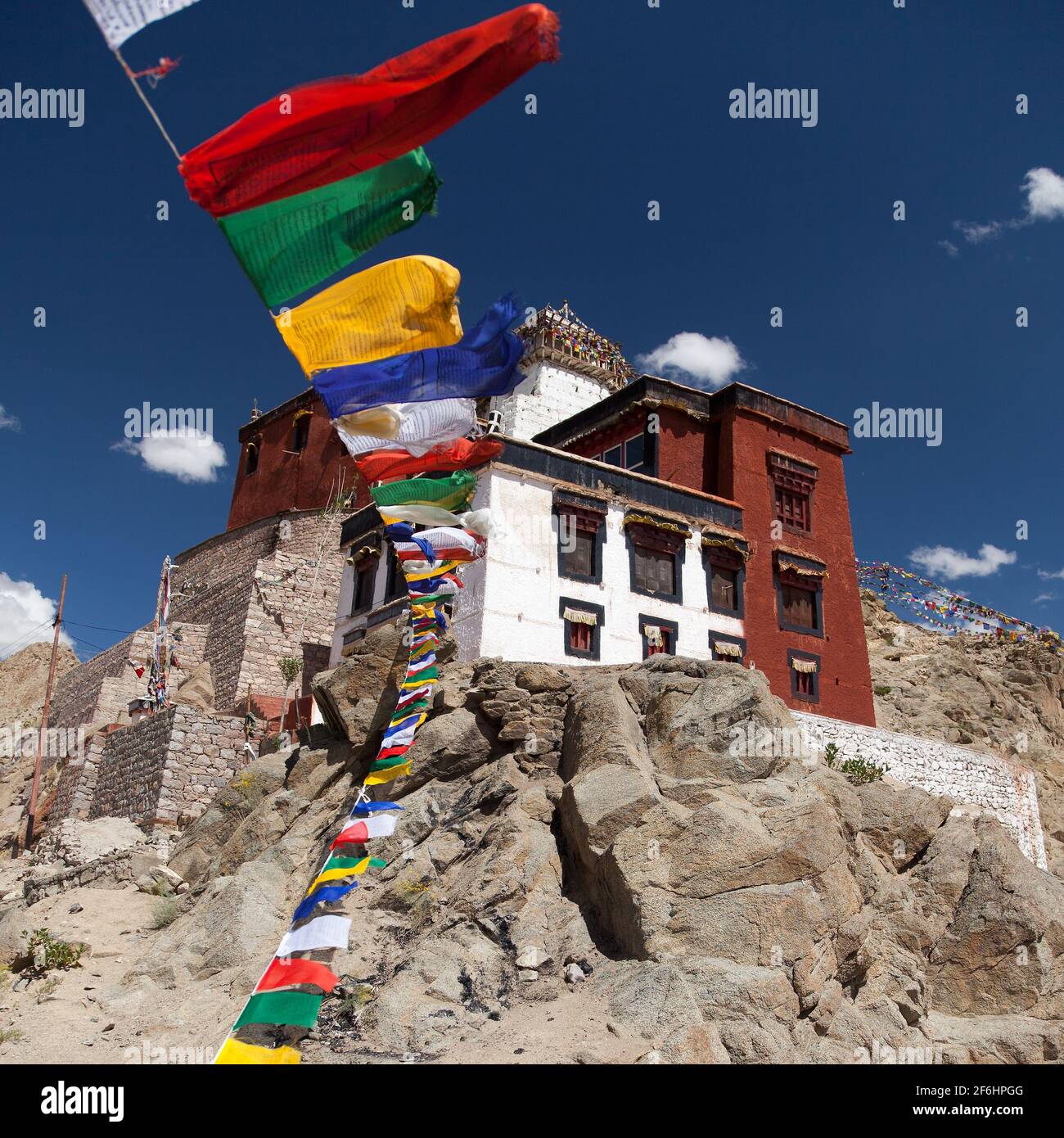 Namgyal Tsemo Gompa with prayer flags - Leh - Ladakh - Jammu and Kashmir - India Stock Photo