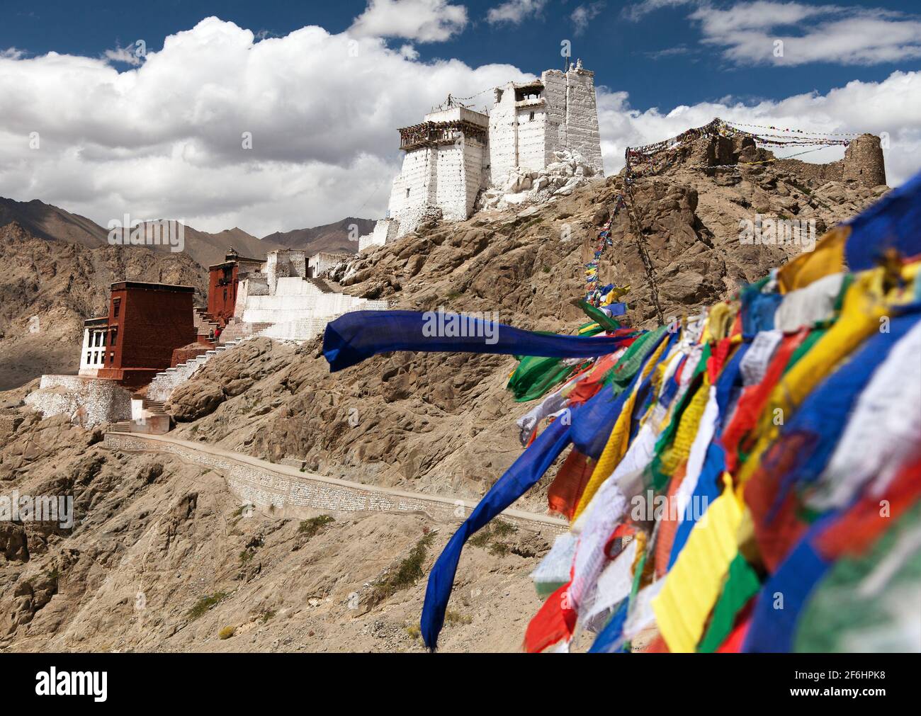 Namgyal Tsemo Gompa with prayer flags - Leh - Ladakh - Jammu and Kashmir - India Stock Photo