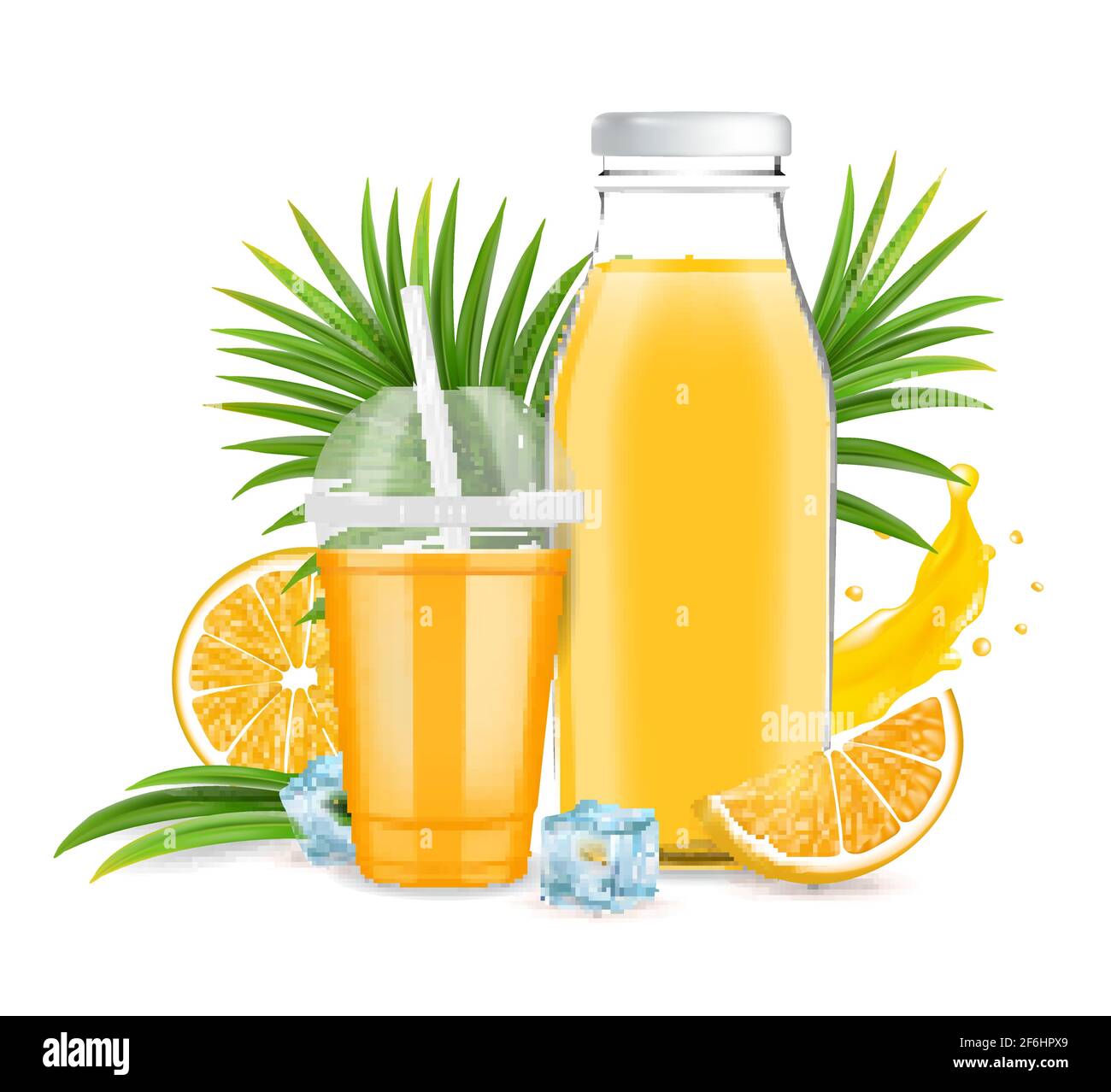 Orange juice glass bottle, plastic cup, fresh fruit, liquid splash, vector  illustration. Tasty refreshing citrus juice Stock Vector Image & Art - Alamy