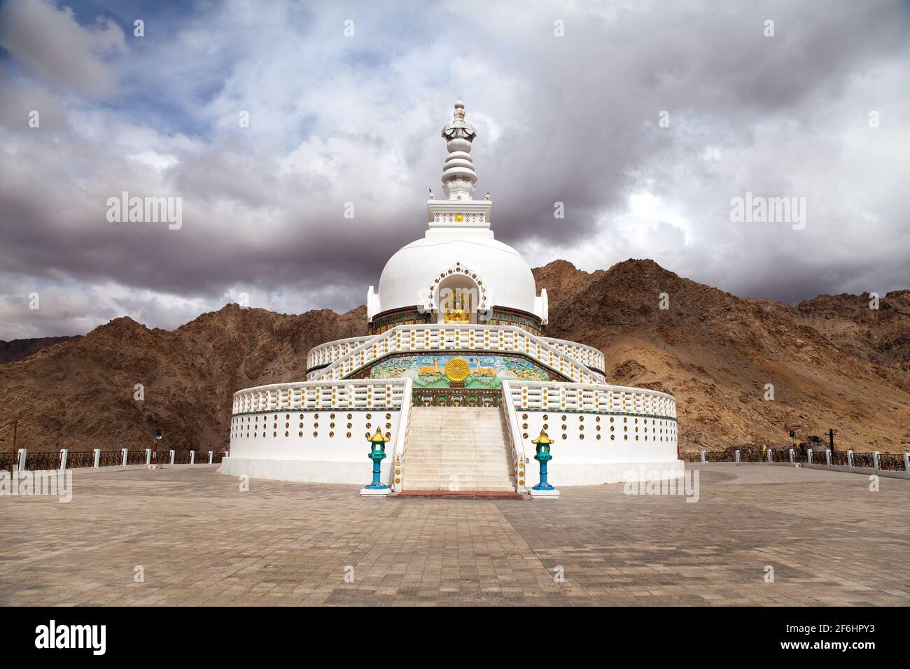 Tall Shanti Stupa near Leh - Jammu and Kashmir - Ladakh - India Stock Photo