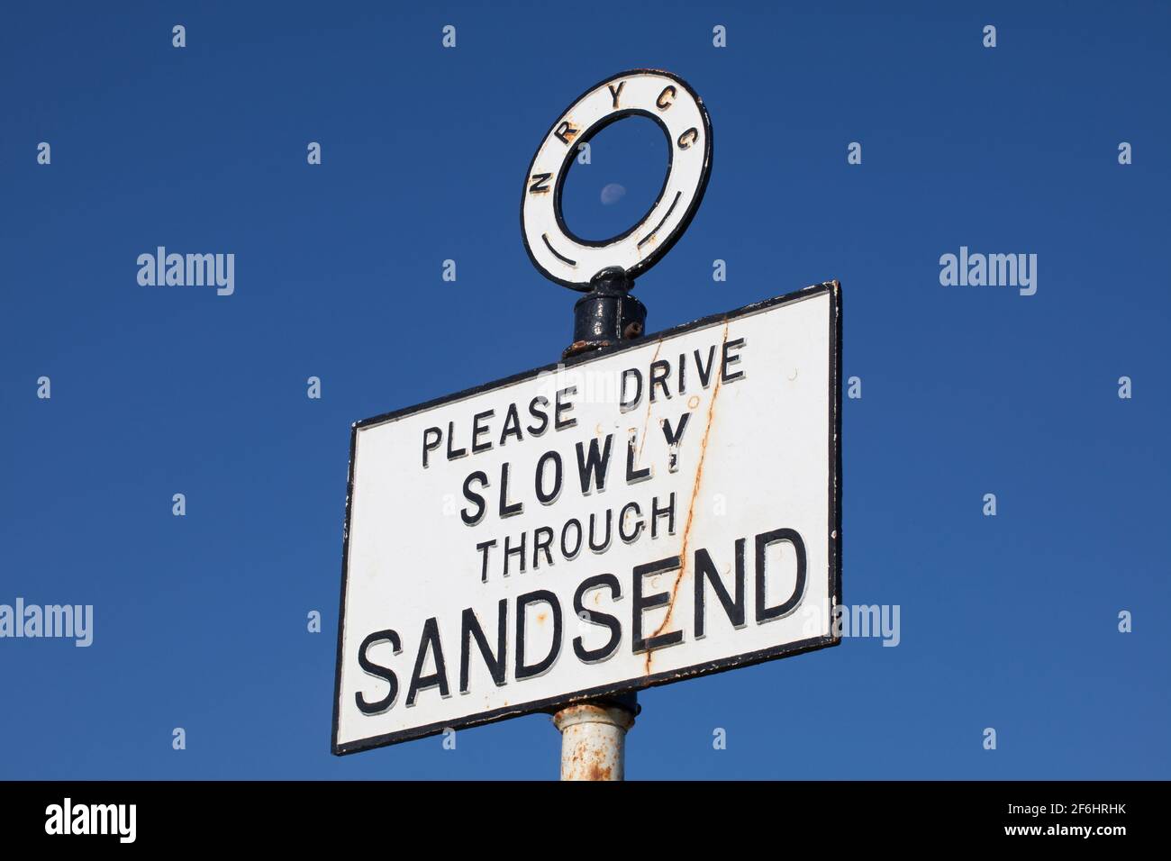 Sign for the fishing village of Sandsend on the Yorkshire coast Stock Photo