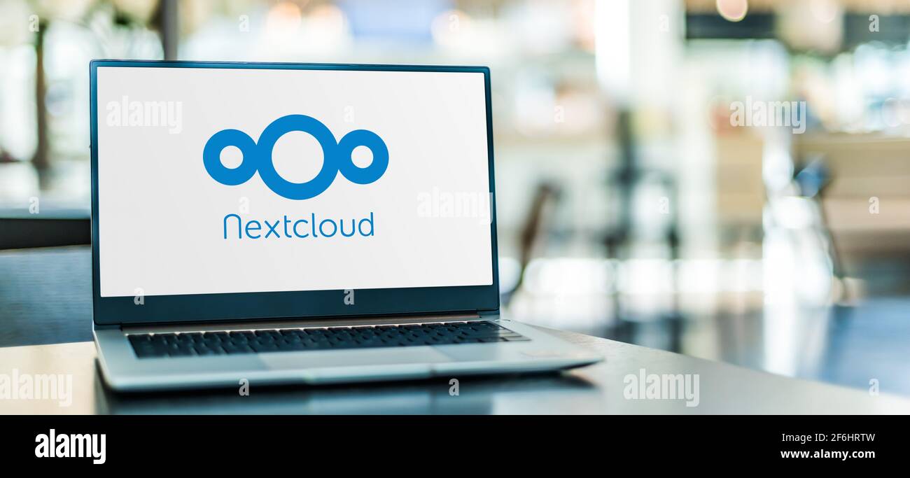 POZNAN, POL - FEB 6, 2021: Laptop computer displaying logo of Nextcloud, a suite of client-server software for creating and using file hosting service Stock Photo