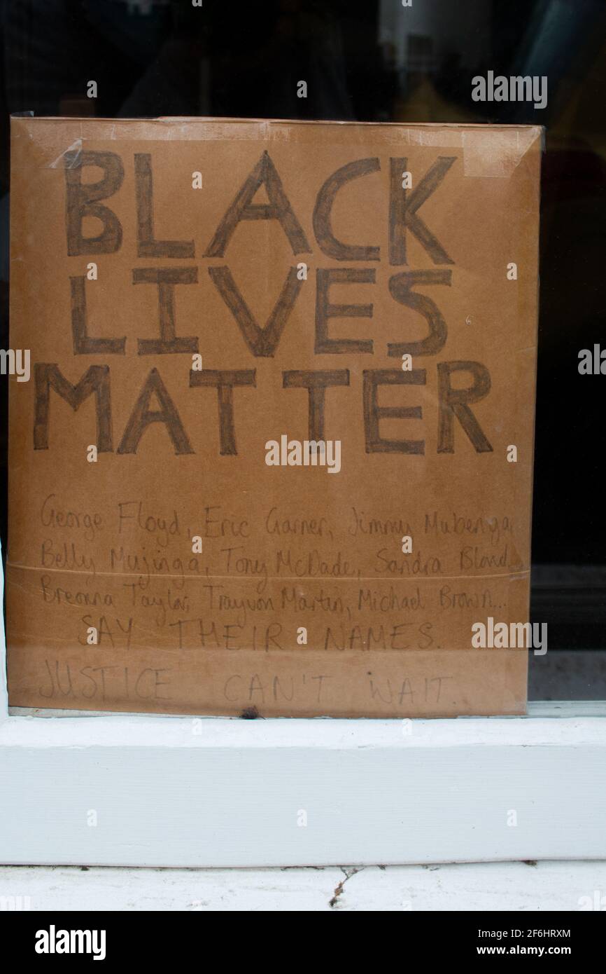 A homemade Black Lives Matter sign displayed in a front window in Petersfield, Cambridge, UK. Stock Photo