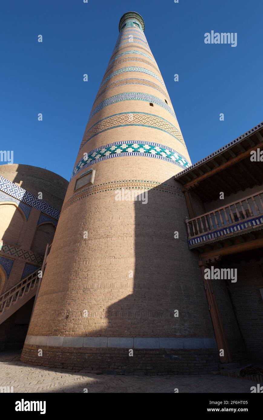 Islom hoja (Islam Xoja) minaret in Itchan Kala (Ichon Qala) - Khiva (Chiva, Heva, Xiva, Chiwa, Khiveh) - Xorazm Province - Uzbekistan - Town on the si Stock Photo