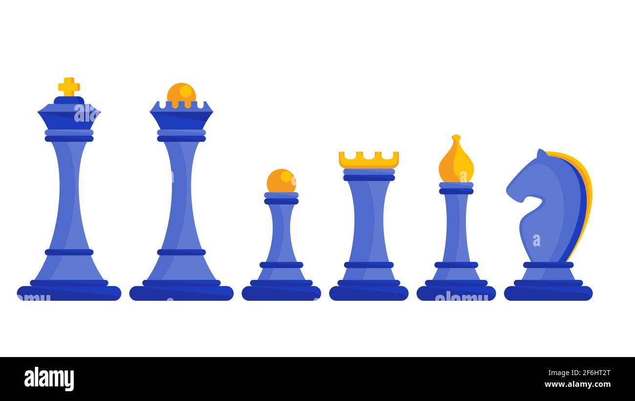 isometric vector image on a blue background, chess pieces and their names,  school of chess Stock Vector