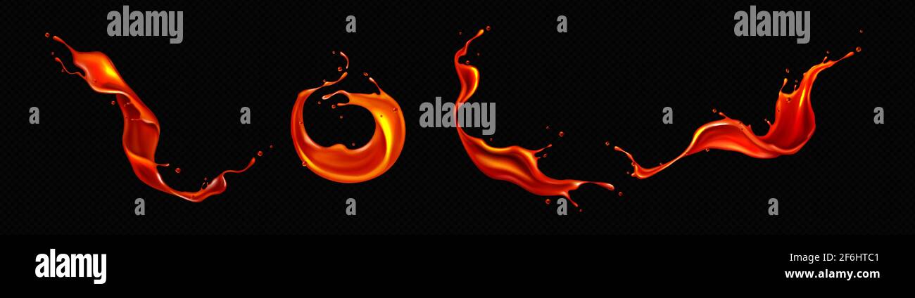 Splashes of red tomato juice, blood or lava. Vector realistic set of flying liquid ketchup, sauce, paint or molten magma waves and swirls with drops isolated on black background Stock Vector