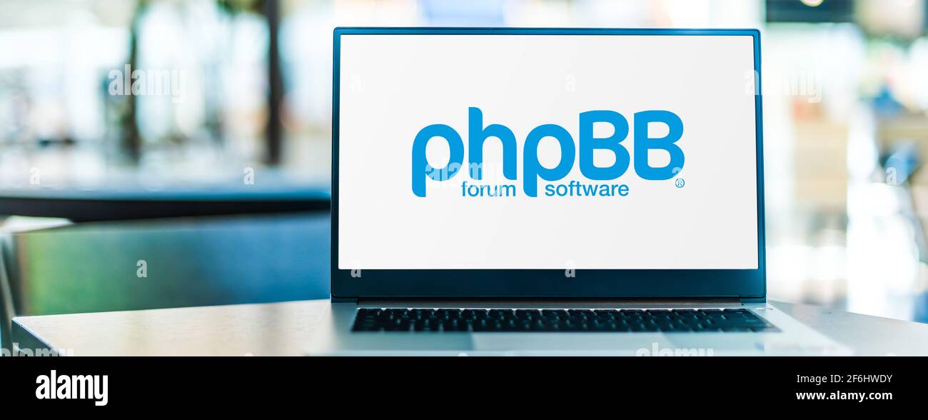 POZNAN, POL - FEB 6, 2021: Laptop computer displaying logo of phpBB, an Internet forum package in the PHP scripting language Stock Photo