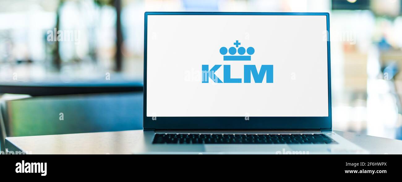 POZNAN, POL MAR 15, 2021 Laptop computer displaying logo of KLM