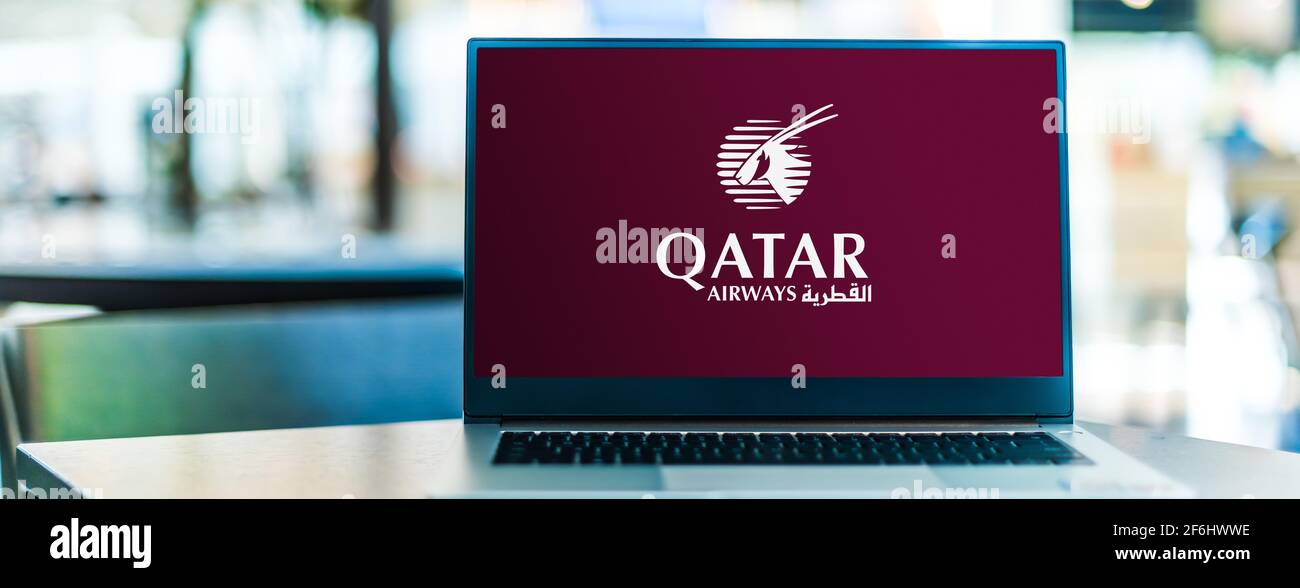 POZNAN, POL MAR 15, 2021 Laptop computer displaying logo of Qatar