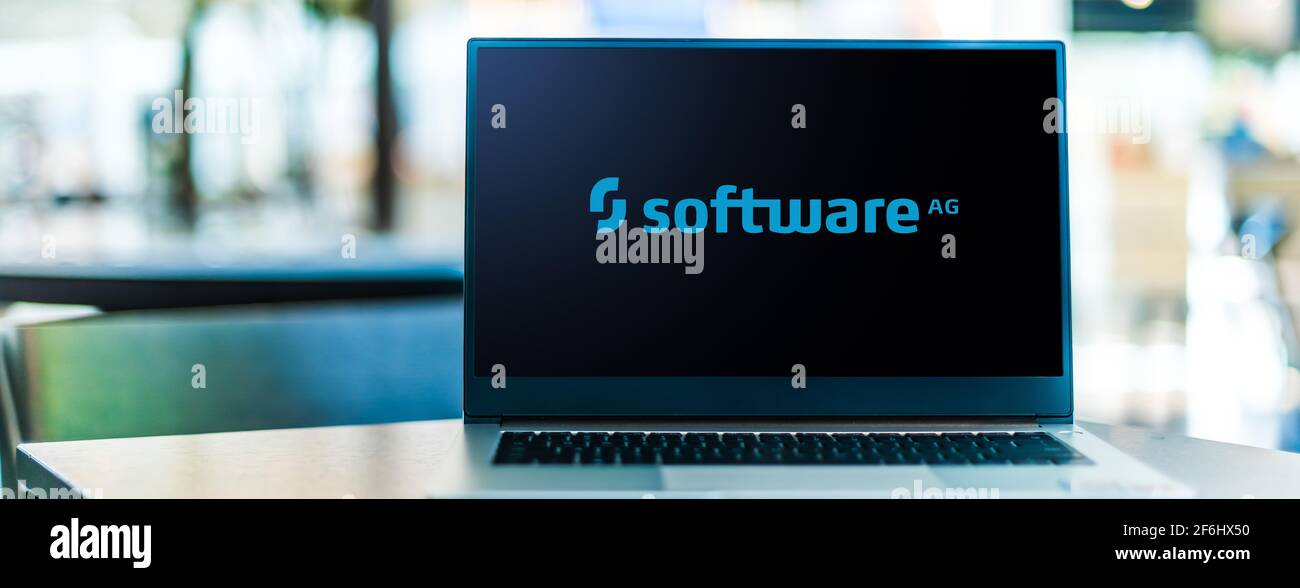 POZNAN, POL - MAR 15, 2021: Laptop computer displaying logo of Software AG, an enterprise software company headquartered in Darmstadt, Germany Stock Photo