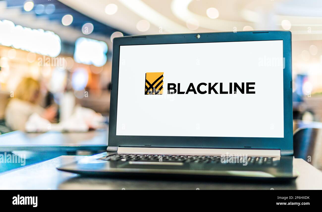 POZNAN, POL - FEB 6, 2021: Laptop computer displaying logo of Blackline, a software company that develops cloud-based services designed to automate an Stock Photo