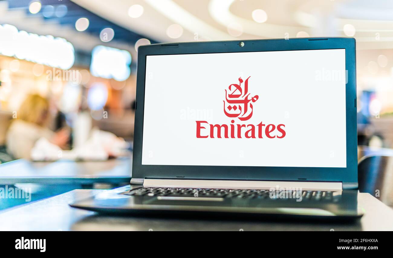 POZNAN, POL - MAR 15, 2021: Laptop computer displaying logo of Emirates ...