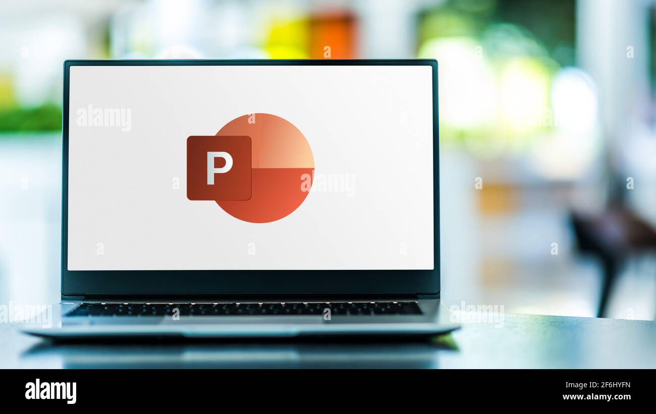 POZNAN, POL - FEB 6, 2021: Laptop computer displaying logo of Microsoft PowerPoint, a presentation program, part of the Office family software and ser Stock Photo