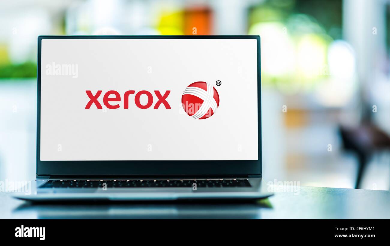 POZNAN, POL - FEB 6, 2021: Laptop computer displaying logo of Xerox Holdings Corporation, an American corporation that sells print and digital documen Stock Photo