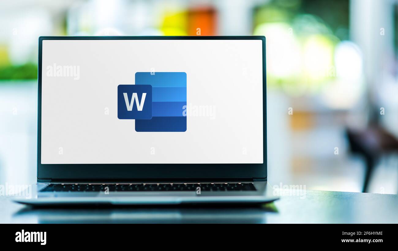 POZNAN, POL - FEB 6, 2021: Laptop computer displaying logo of Microsoft ...