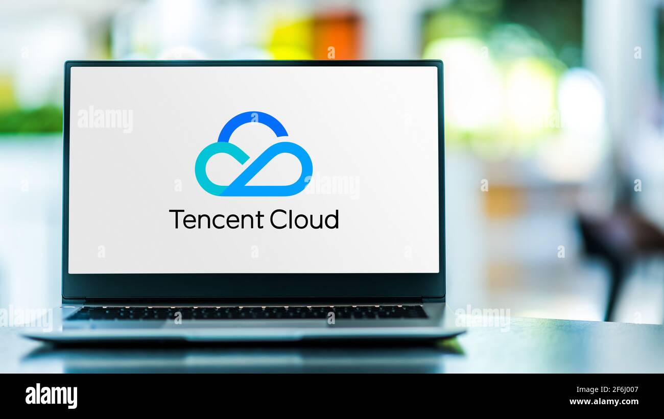POZNAN, POL - SEP 23, 2020: Laptop computer displaying logo of Tencent Cloud, high-performance cloud compute service provided by Tencent, Stock Photo