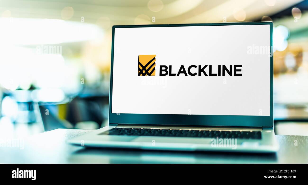 POZNAN, POL - FEB 6, 2021: Laptop computer displaying logo of Blackline, a software company that develops cloud-based services designed to automate an Stock Photo