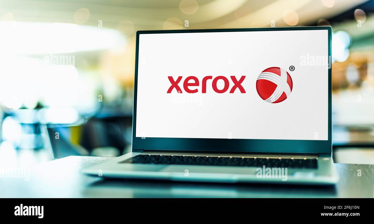 POZNAN, POL - FEB 6, 2021: Laptop computer displaying logo of Xerox Holdings Corporation, an American corporation that sells print and digital documen Stock Photo