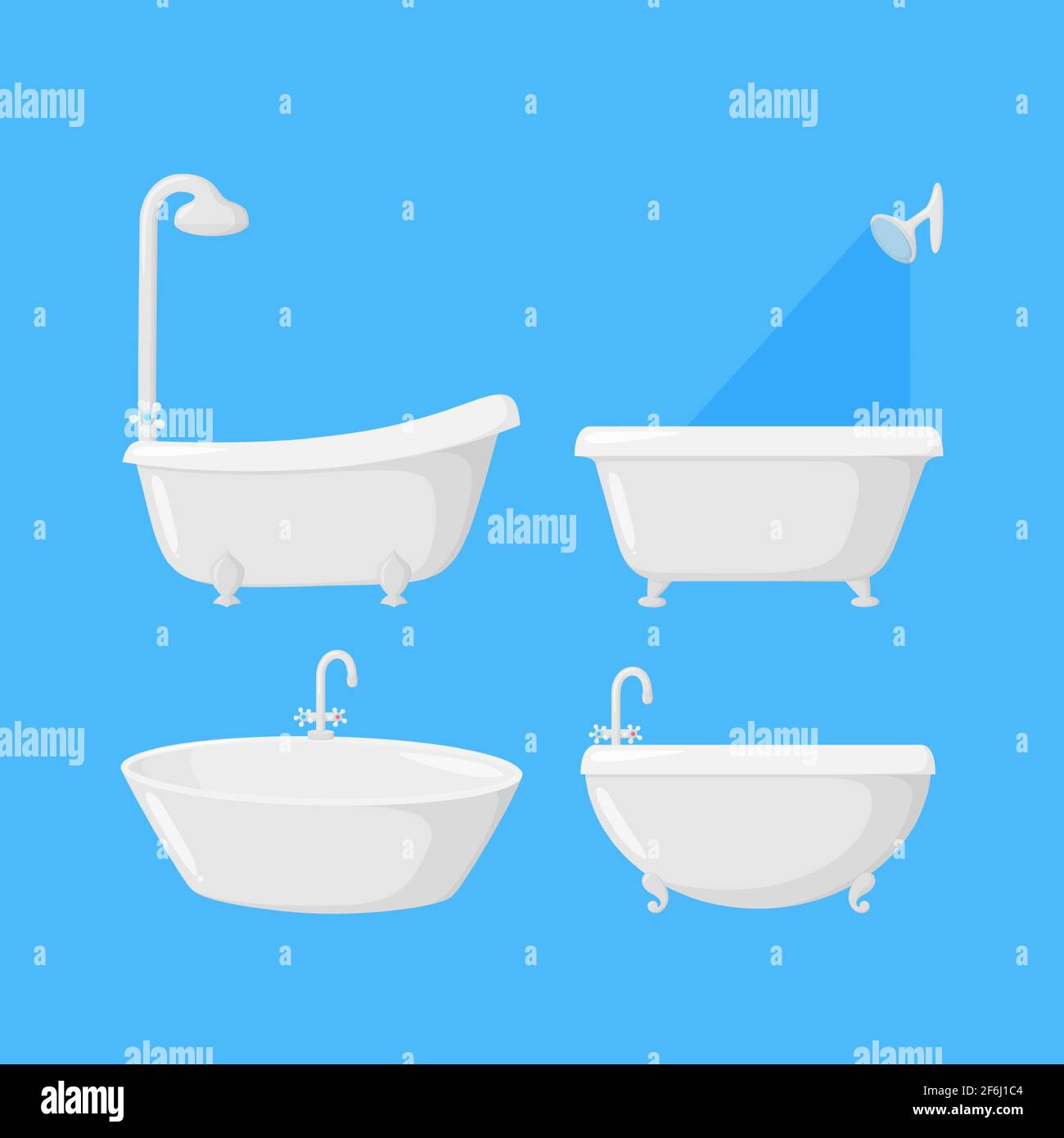 Bathtubs for bathroom with shower and faucet equipment. Set of four tubs isolated in blue background. Vector illustration in cartoon style Stock Vector