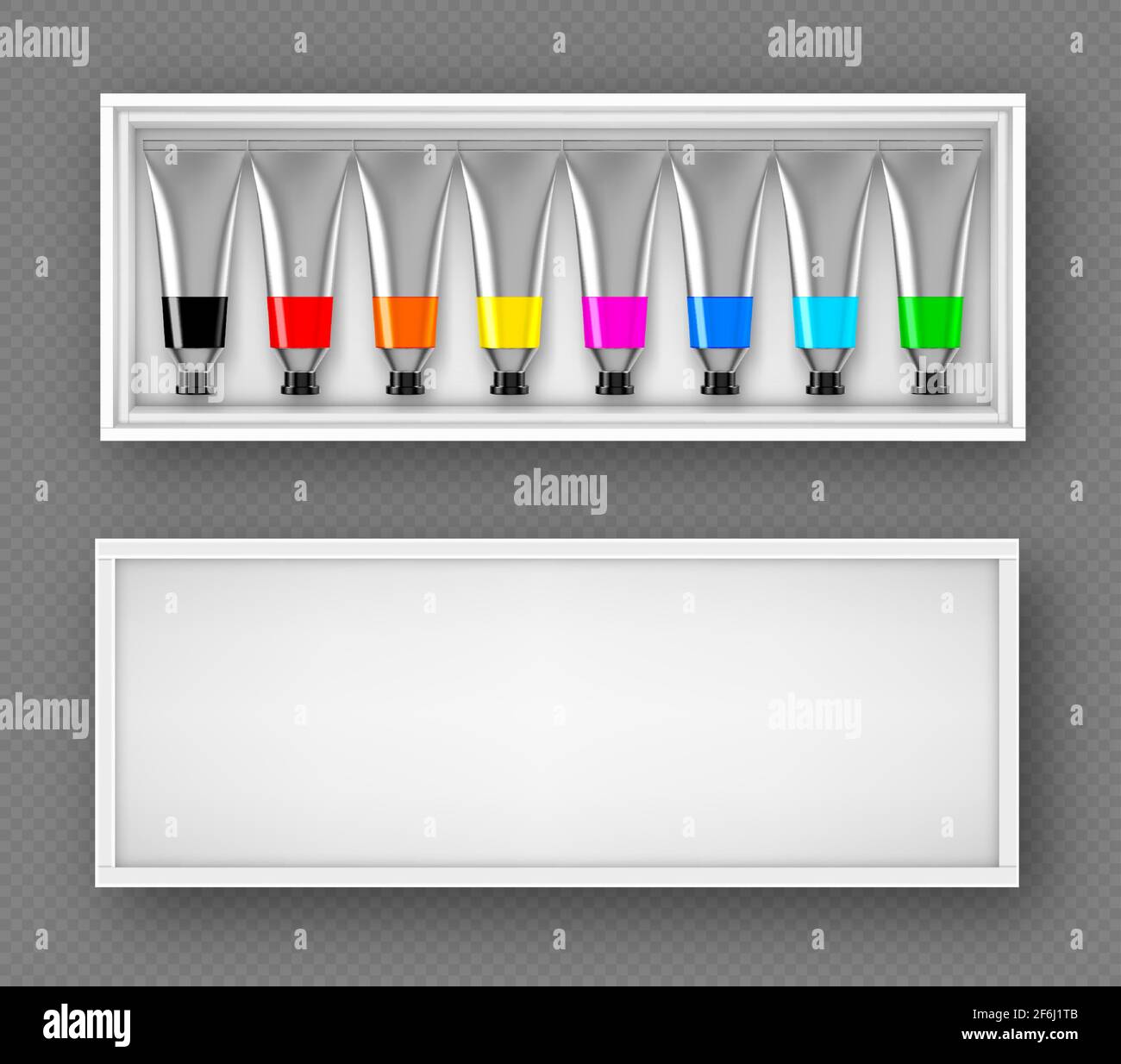 Set of paints tubes in box top view, colorful palette with oil or acrylic dye in metal aluminium bottles with black screw caps isolated on transparent background, Realistic 3d vector illustration Stock Vector