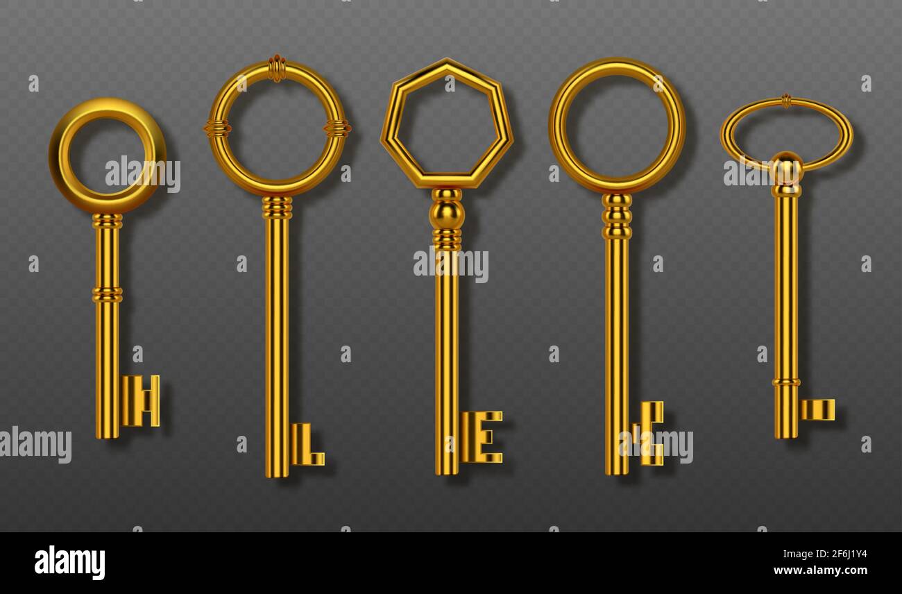 Old gold keys collection isolated on transparent background. Vector realistic set of vintage decorative golden keys for lock, house door or treasure. 3d shiny symbols of secret, security and privacy Stock Vector