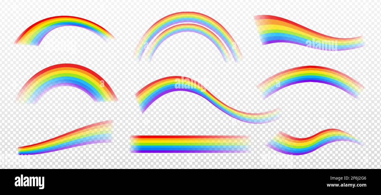 Rainbow effects isolated on transparent background. Vector set of wavy, straight and arch shape colorful lines. Fantasy illustration of spectrum light effect in sky after rain Stock Vector