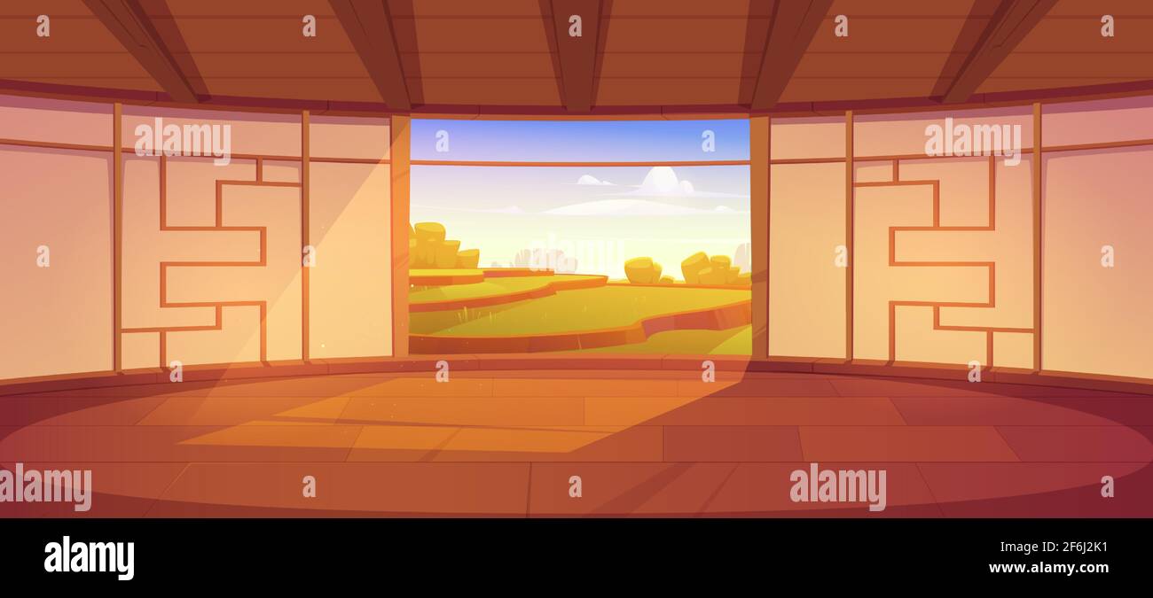 Dojo room, empty japanese style interior for meditation or martial arts workout with wooden floor and open door with scenic peaceful view on asian rice field, Cartoon vector illustration Stock Vector