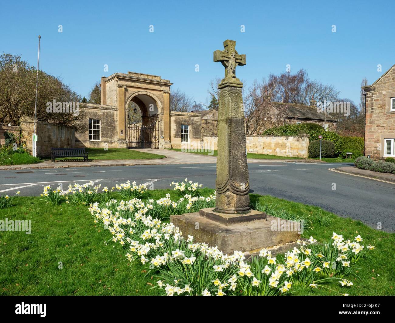 Daffodils in bloom around the Saxon Cross with Rudding Gates behind in Follifoot near Harrogate North Yorkshire England Stock Photo